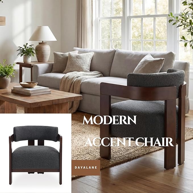 Barrel Accent Chairs Set of 2, Cozy Upholstered Living Room Chair for Bedroom, Walnut Wood Frame, Vintage Modern Lounge Reading Chairs for Apartment Waiting Room Office, Charcoal