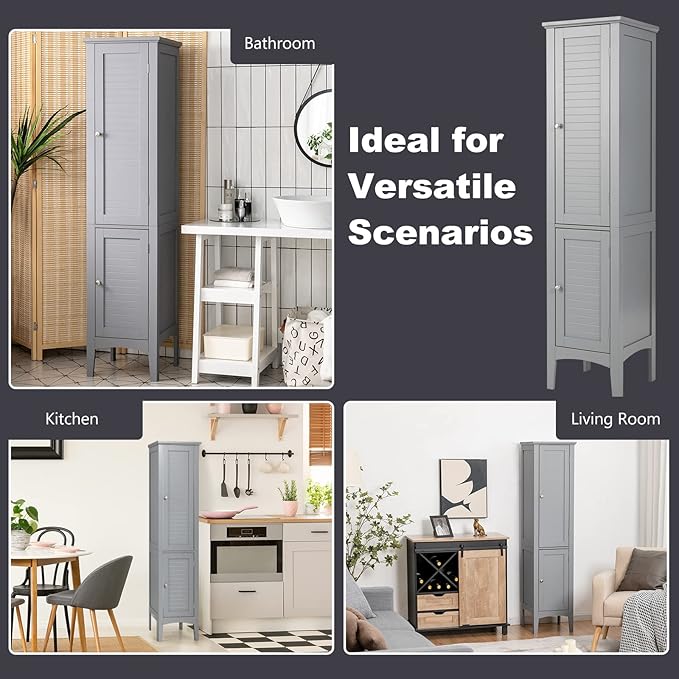 Tangkula Tall Bathroom Storage Cabinet, 5-Tier Wooden Freestanding Tower Cabinet Floor Organizer, Narrow Storage Floor Cabinet w/2 Doors & Shelves for Bathroom Living Room Kitchen (Grey)