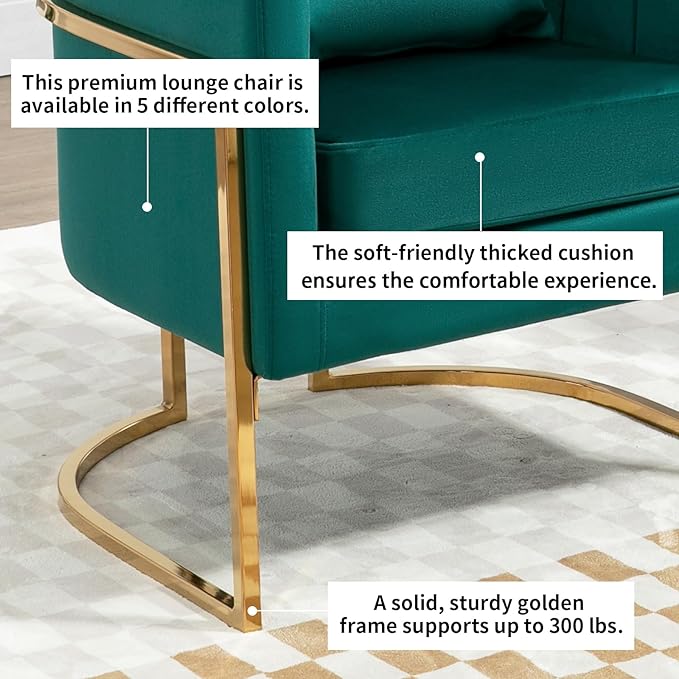 Velvet Modern Accent Chairs Set of 2, Upholstered Barrel Armchair Mid Century with Pillow for Living Room, Comfy Single Vanity Chair with Metal Gold Legs for Bedroom, Green