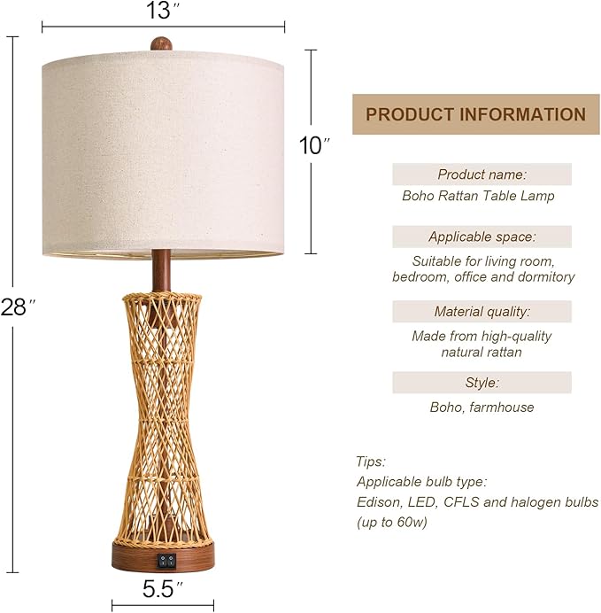 OYEARS 27" Table Lamps Set of 2 with Rattan & Dual Lights, Boho Lamps for Nightstands, Bedside Lamps for Bedroom, Nightstand Lamp for Living Room, Farmhouse Table Lamp for Office & Study