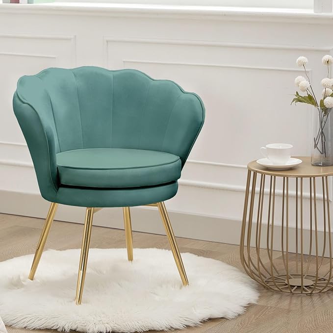 Velvet Vanity Chair with Back, Mid-Century Modern Small Accent Chair for Living Room, Golden Metal Legs Upholstered Makeup Chair, 1Pcs Bedroom Armchair, Dark Green