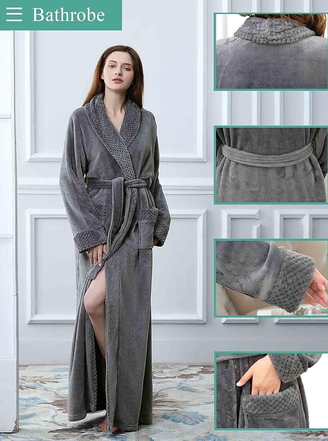 Artfasion Womens Long Fleece Robe - Warm Soft Floor Length Flannel Bathrobes for Winter Thicker Long House Coat with Pockets