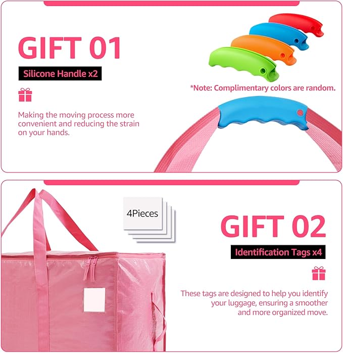 Moving Bags Heavy Duty Extra Large, Moving Boxes, Moving Supplies Essentials,Storage Bins with Lids, Plastic Packing Totes, Storage Bags for Clothes with Handles & Zippers(Pink, 4 Pack)