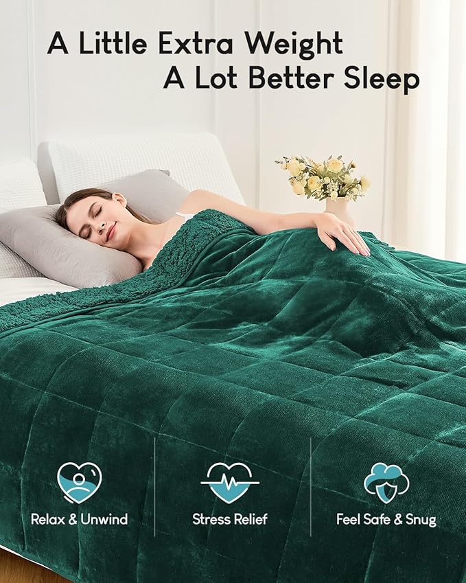 Cottonblue Sherpa Fleece Weighted Blanket 15lbs for Twin/Full Ded - Plush Bed Blanket for Deep Sleep and Relaxation, Heavy Calm Blankets with Cemaric Beads, 48x72 Inches,Green