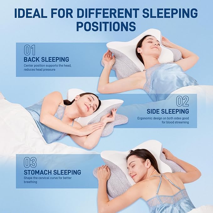 Cervical Neck Pillow for Neck Pain Relief – Orthopedic Contour Memory Foam Pillow for Side & Back Sleepers, Ergonomic Neck Support, Cooling Butterfly Pillow