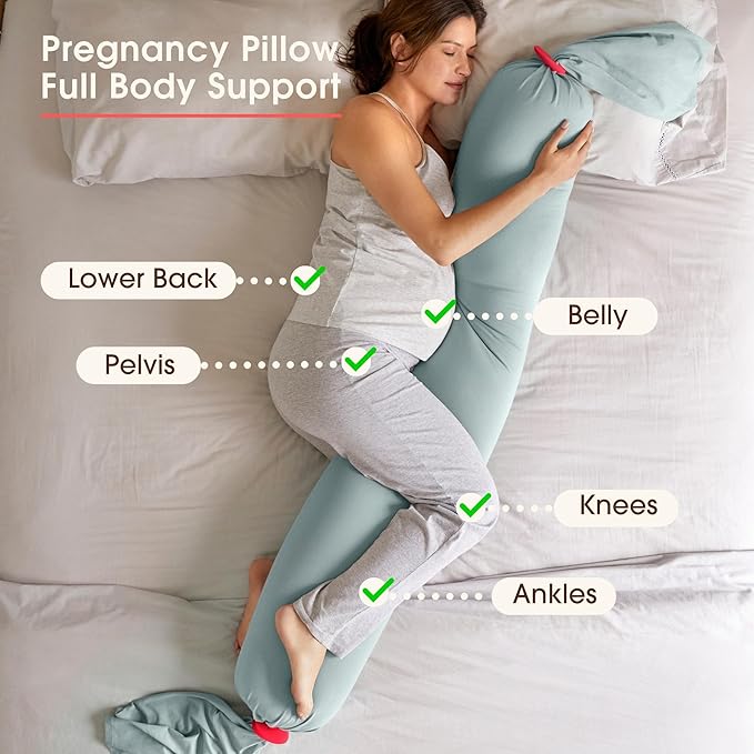 bbhugme Adjustable Pregnancy Pillow with Removable Eucalyptus Cover & Extra Dusty Pink Cover - Full Body Support for Pregnant Women