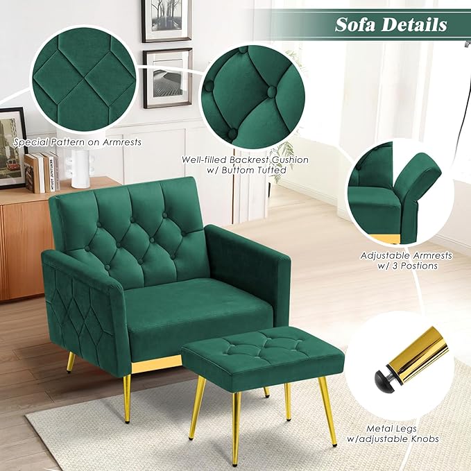 Velvet Accent Chair w/Adjustable Armrests and Backrests, Tufted Single Armchair w/Ottoman, Upholstered Reading Chiar for Living Room, Apartment, Bedroom, Green