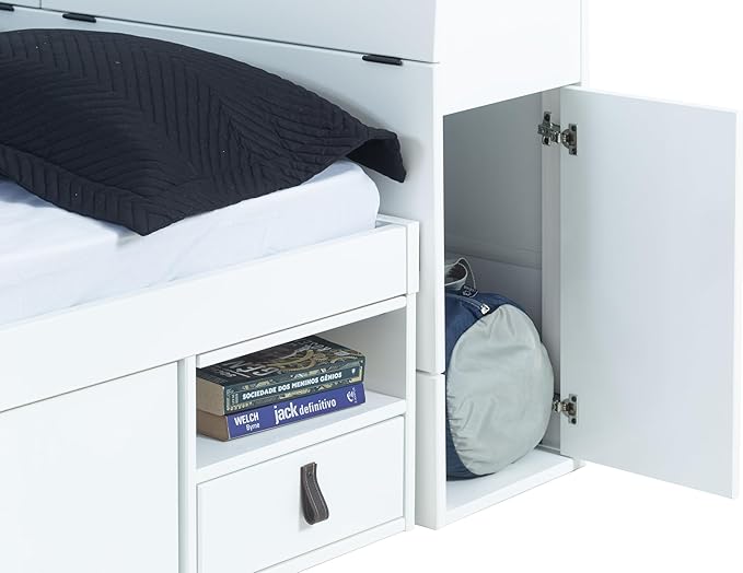 memomad Bali Set: Storage Platform Bed with Drawers + Bookcase Headboard (Full Size, White Wood)