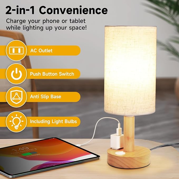 Small Bedside Table Lamp with AC Outlet,Natural Round Wood Base&Fabric Linen Shade,Cozy Night Table Light for Study Reading,Minimalist Boho Desk Lamp for Nightstand,Living Room,Nursery,Kitchen,Dorm