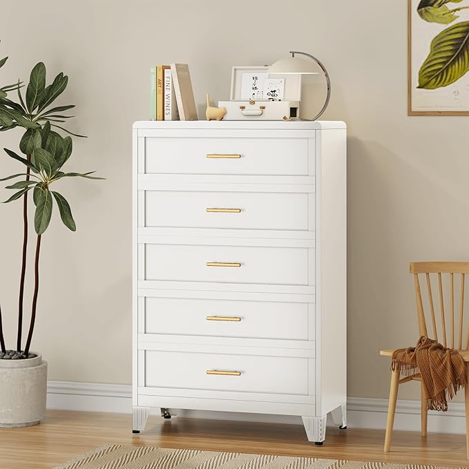 5 Drawer Dresser, Metal Tall Dresser for Bedroom, White Bedroom Dressers with Drawers, Curved Corner Design Dressers & Chest of Drawers, Storage Cabinet for Hallway, Entryway (White)