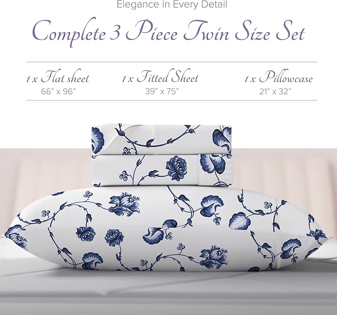 Carressa Linen 100% Egyptian Cotton Printed Bed Sheets - 600 Thread Count 3 PC Twin Sheet Set, Hotel Luxury Sateen Bedsheets, 16" Deep Pocket Soft Cooling Sheets for Twin Size Bed - Floral Blue