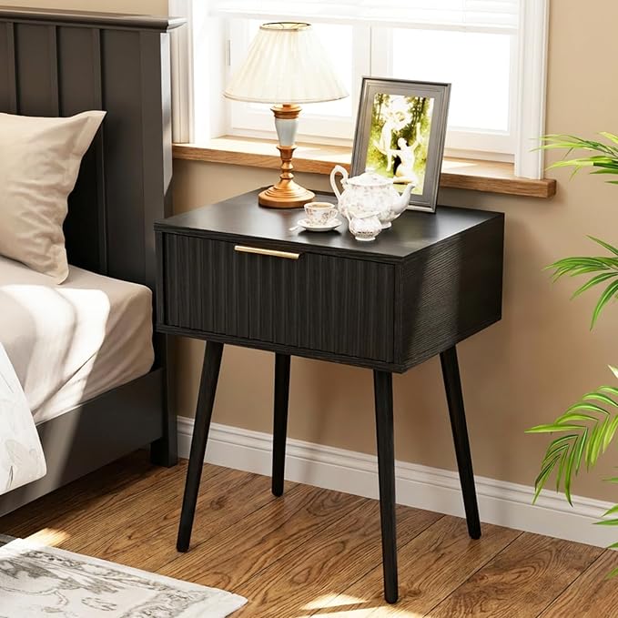 VINGLI Fluted Nightstand with Drawer, 19" W Mid Century Modern Nightstand for Bedroom, Bedside Table, End Tables Bedroom, Wood Night Stand, Black, 18.9" W*14.96" D*24" H
