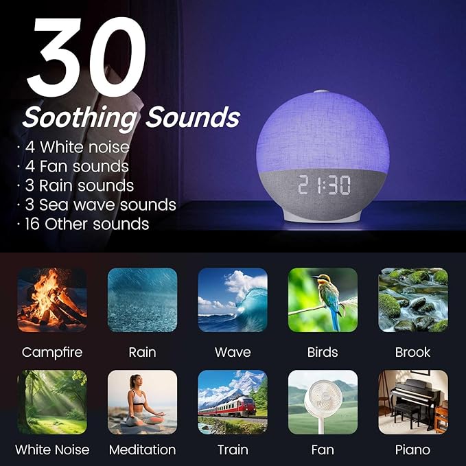 Sunrise Alarm Clock with Sound Machine, Natural Wake Up Light with Night Light, 30 Sleep Sounds, White Noise Machine Alarm Clocks for Bedrooms, Heavy Sleepers