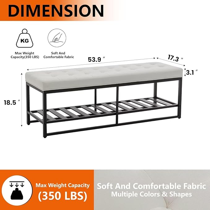 Rectangular Upholstered Tufted Linen Ottoman Storage Bench, Large Footrest Ottoman with Iron Base, White End of Bed Bench for Entryway, Living Room, Bedroom