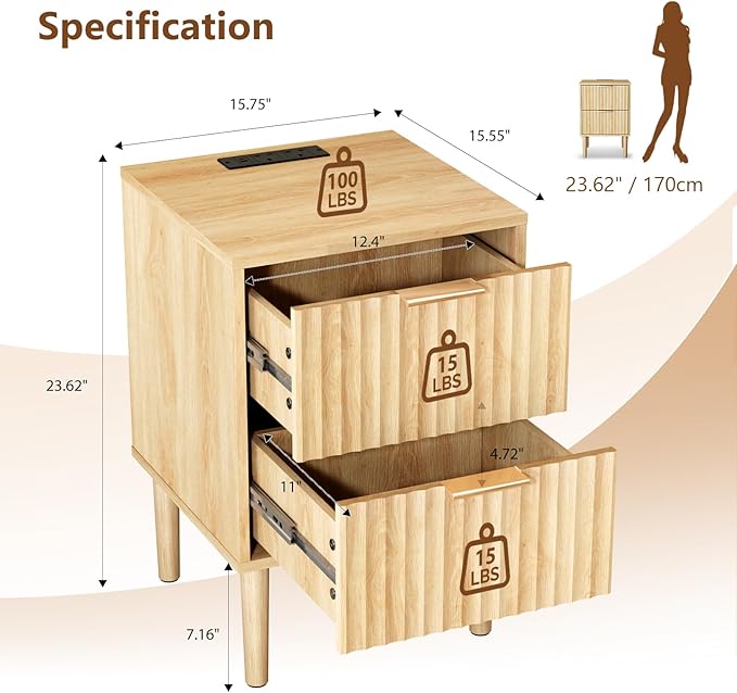 VINGLI Nightstands Set of 2 with Charging Station, Fluted Nightstand 2 Drawer, 15.8" W*15.6" D Mid Century Modern Nightstands for Bedroom, Fluted Bed Side Table, Oak Night Stands Set 2