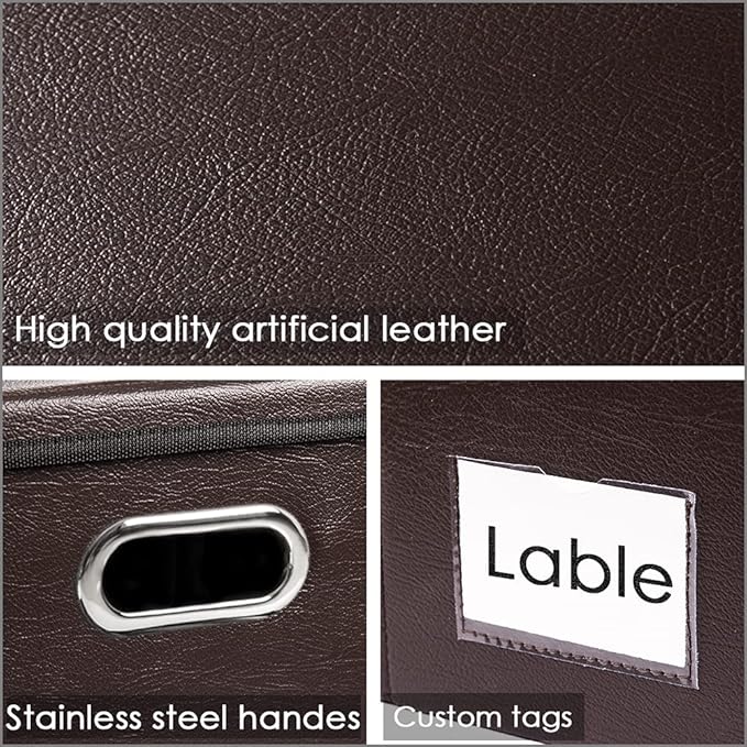 PRANDOM Collapsible Storage Box with Lid [3-Pack] Leather Fabric Foldable Storage Bin Organizer Container Basket Cube with Cover for Home Bedroom Closet Office Nursery Brown(22.8X15.7X11.8)