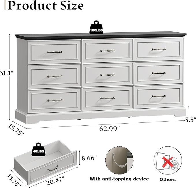Farmhouse 9 Drawers Dresser for Bedroom, 63" Wide Modern Chest of Drawers with Deep Drawers & Bar Handles, Rustic Wood Dresser TV Stand, Wooden Closet Storage Organizer for Living Room, Hallway, White