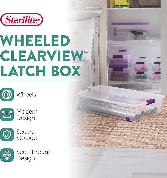 Sterilite 4-Pack 60 Quart ClearView Latch Box, Wheeled Underbed Organizer Bins with Latching Lids - Clear Plastic Organization Containers for Closet, Bedroom, Shelving Units and Everyday Home Storage