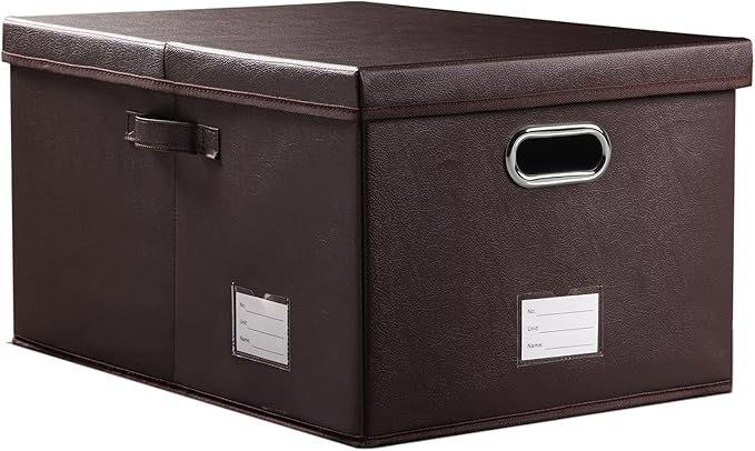 PRANDOM Collapsible Storage Box with Lid [1-Pack] Leather Fabric Foldable Storage Bin Organizer Container Basket Cube with Cover for Home Bedroom Closet Office Nursery Brown (22.8X15.7X11.8)