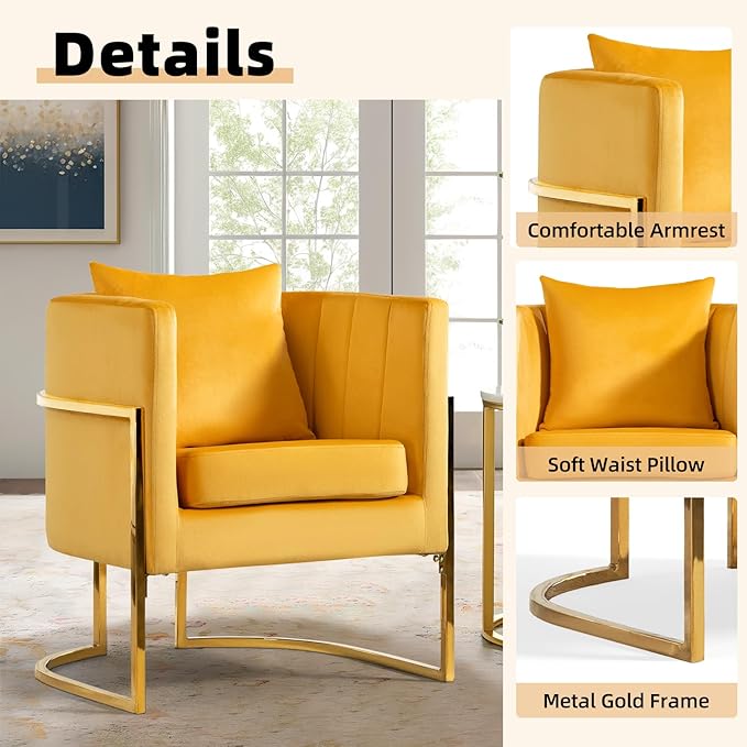 Velvet Modern Accent Chairs Set of 2, Upholstered Barrel Armchair Mid Century with Pillow for Living Room, Comfy Single Vanity Chair with Metal Gold Legs for Bedroom, Yellow