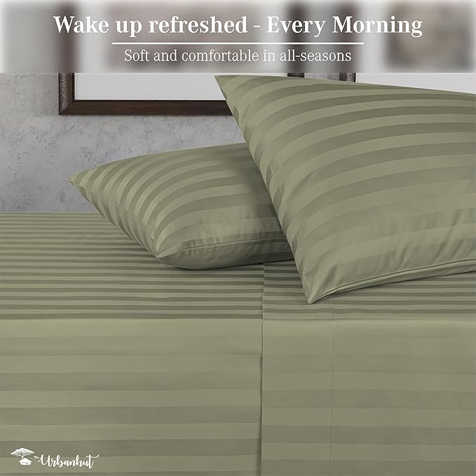 URBANHUT 800 Thread Count 100% Cotton Damask Full Size Sheets, 4 Piece Striped Full Size Bedsheets, Luxury Hotel Sheets Sateen Weave - Better Than Egyptian, 16" Elasticized Deep Pocket- Sage