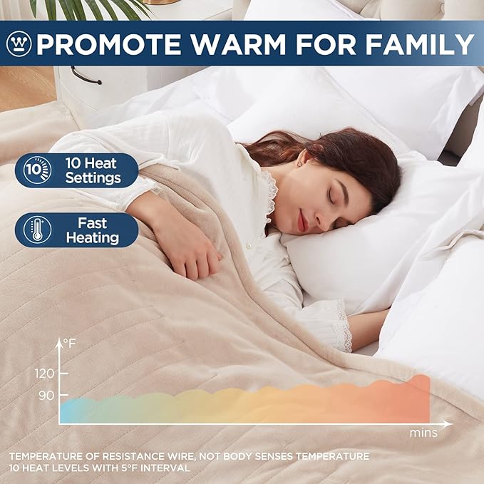Westinghouse Electric Blanket Twin Size, Super Cozy Soft Flannel 62"" x 84"" Heated Blanket with 10 Fast Heating Levels & 1-12 Auto-Off, Machine Washable, ETL&FCC Certification, Beige