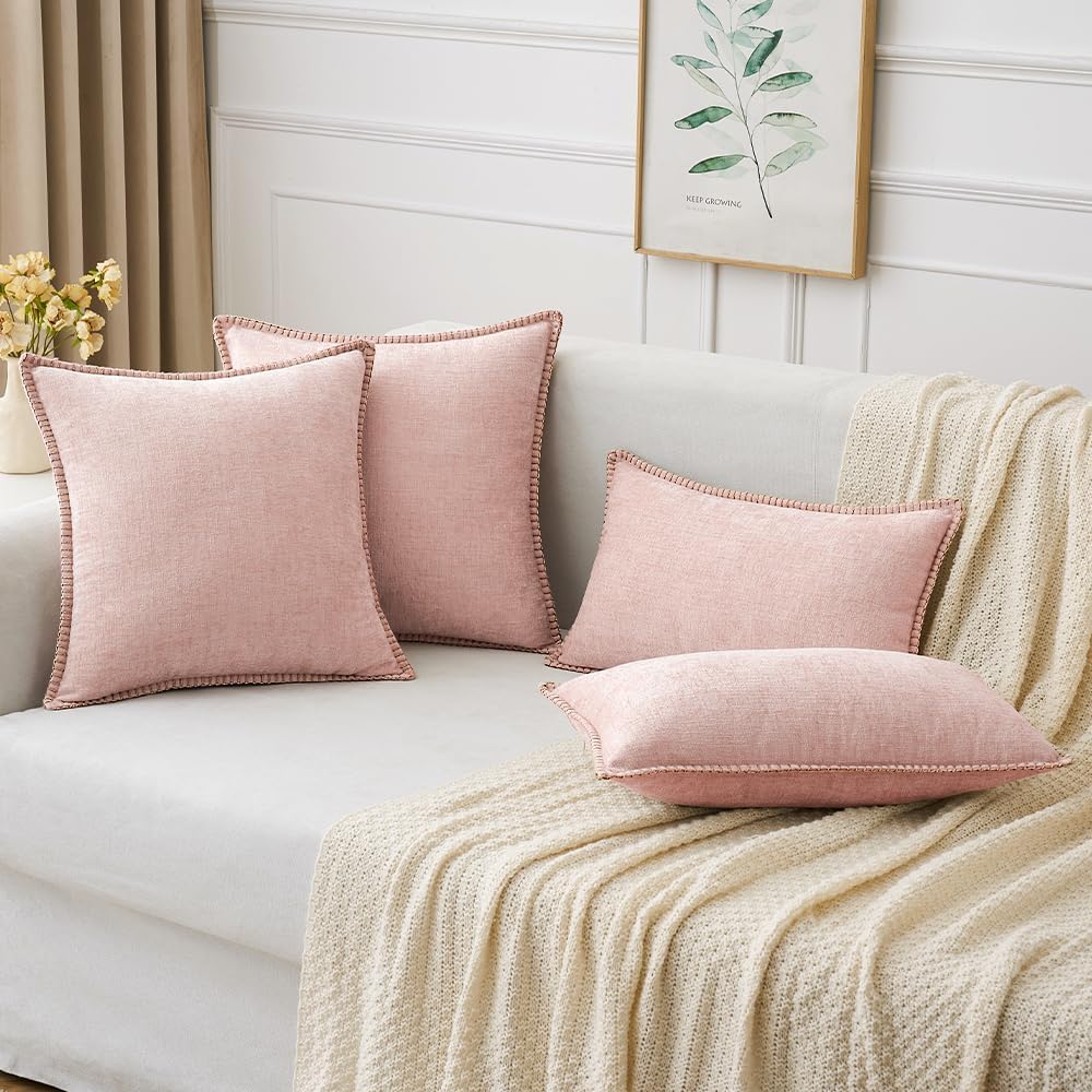MIULEE Pack of 2 Couch Throw Pillow Covers 18x18 Inch Pink Valentine Farmhouse Decorative Pillow Covers with Stitched Edge Soft Chenille Solid Dyed Spring Pillow Covers for Sofa Bed Living Room