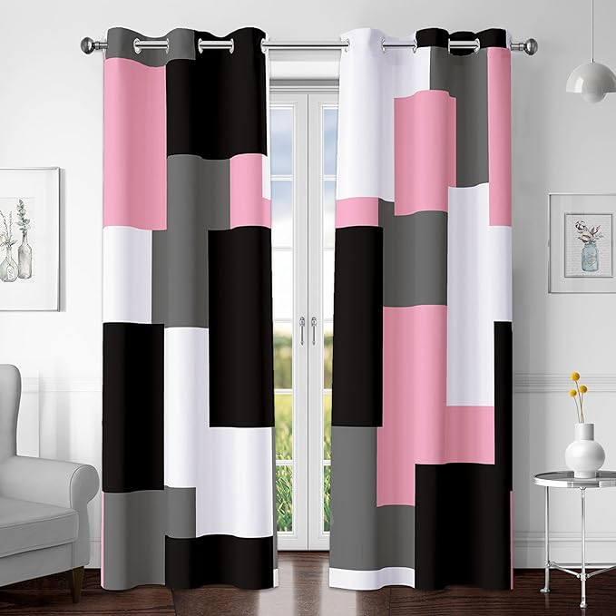 Pink 100% Blackout Curtains for Bedroom 63 inch Length 2 Panels Set Grey Modern Abstract Geometric Black Out Curtains Insulated Room Darkening Window Drapes for Girls Living Room, 42Wx63L