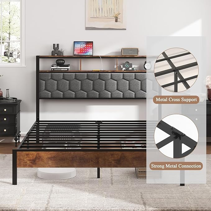 King Size Bed Frame with Storage Headboard & Charging Station, Platform Bedframe with LED Lights, Upholstered Headboard, Metal Slat Support, No Box Spring Needed