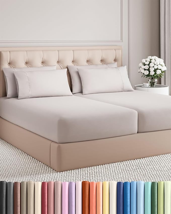Split King 7 Piece Sheet Set - Cooling & Breathable - Hotel Luxury Bedding, Includes Fitted Sheets for Women, Men, Kids & Teens - 1 Flat, 2 Fitted Sheets, 4 Pillowcases w/Deep Pockets - Light Grey
