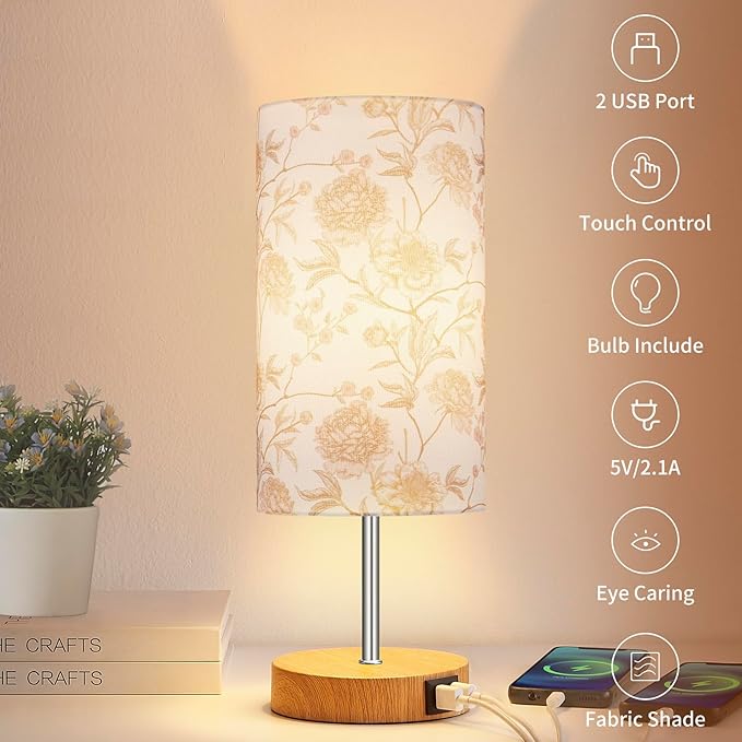 Bedside Touch Lamp, Wood Small Table lamp with 2 USB Charging Ports & Flower Fabric Shade, 3-Way Dimmable Nightstand Lamps for Living Room Bedroom Office Reading Desk Home Dorm Pink