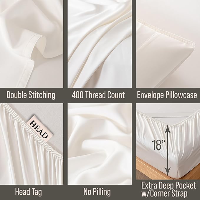 Bella Coterie Luxury Bamboo Viscose Queen Size Sheet Set | 100% Organically Grown | Ultra Soft | Cooling for Hot Sleepers | 18" Deep Pocket [Ivory]