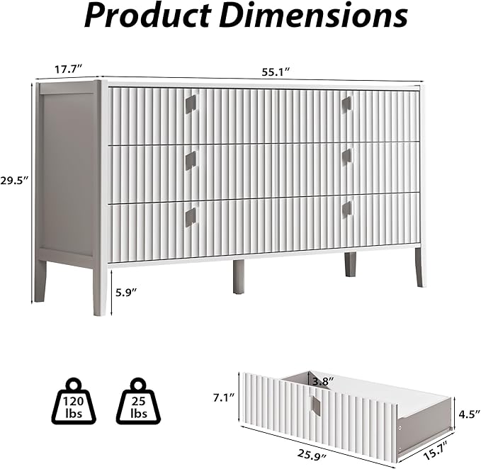 6 Drawer Dresser, Modern Chest of Drawers for Bedroom, Wood Fluted Dresser Organizer with Deep Drawers for Clothes, Nightstand for Bedroom, Hallway, Living Room, Entryway, White