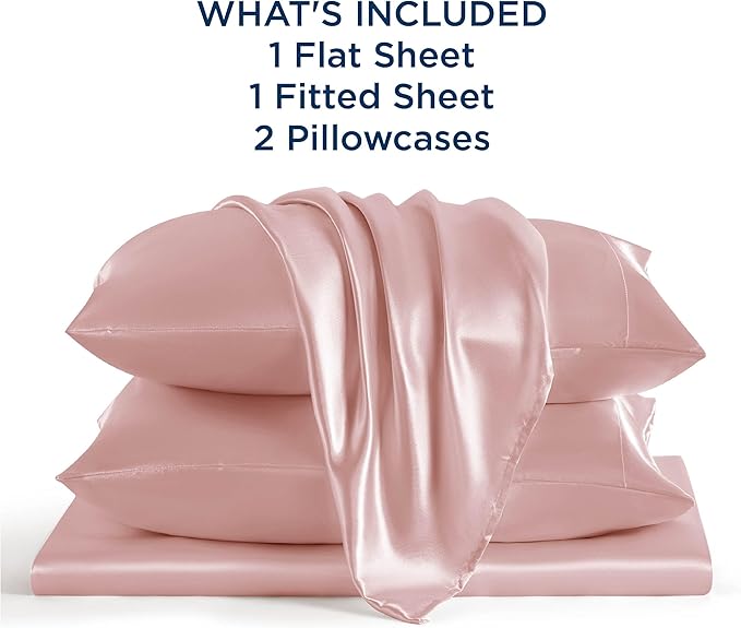 Bedsure Satin Sheets Queen Size - 4 Piece Silky Bedsheets with 15 Inches Deep Pocket Fitted Bedsheet,1 Flat Sheet, 2 Satin Pillowcases, Good for Hair & Skin (Queen, Blush Pink)