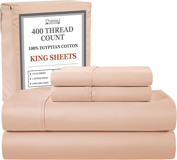 CHATEAU HOME COLLECTION 100% Egyptian Cotton King Size Sheets Set - 400 Thread Count Luxury Sateen Weave, Soft Breathable & Cooling, 15" King Sheets Deep Pocket-Blush