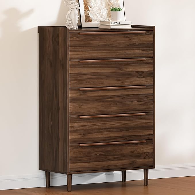 48" Tall Walnut Dresser for Bedroom, Mid-Century Modern 5 Drawer Chest of Drawers with Natural Wood Grain, Slim Vertical Storage Cabinet with Raised Edge Top, Anti-Tip Kit