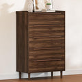 48" Tall Walnut Dresser for Bedroom, Mid-Century Modern 5 Drawer Chest of Drawers with Natural Wood Grain, Slim Vertical Storage Cabinet with Raised Edge Top, Anti-Tip Kit