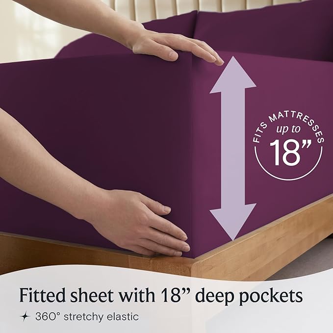LuxClub 4 PC Full Sheet Set, Deep Pockets Wrinkle Free Cooling Bed Sheets Hotel Bedding for Women, Men, Kids & Teens, Includes 1 Fitted Sheet, 1 Flat Sheet and 2 Pillowcases-Soft Eggplant