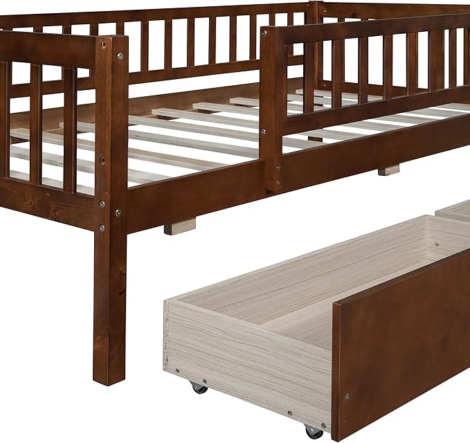 Bellemave Twin Bed Frames with Rails for Kids, Twin daybed Frame with Drawers for Boys/Girls/Adults， Walnut