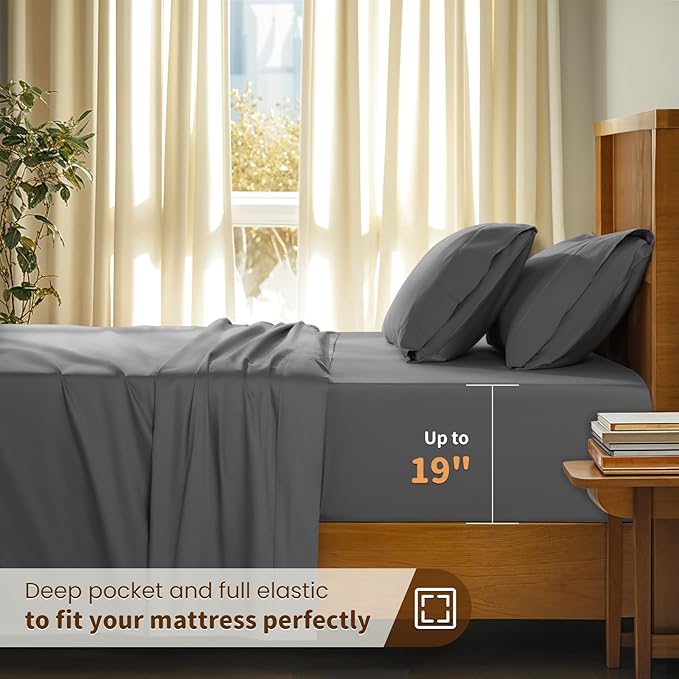LBRO2M 100% Cotton Sheets Set Deep Pocket 19", 1000 Thread Count Full Size 4 Piece Bed Sheet Sets Soft Comfortable Bedding All Season (Full, Dark Grey)