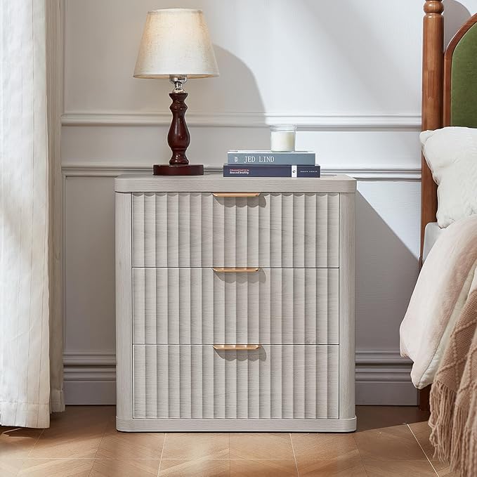 LEYAOYAO Fluted Farmhouse Nightstand Set of 2 with Charging Station, 23" Wide 3 Drawers Night Stand,LightGrey Dresser for Bedroom,Bed Side Table Chest of Drawers,Wood End Table for Living Room