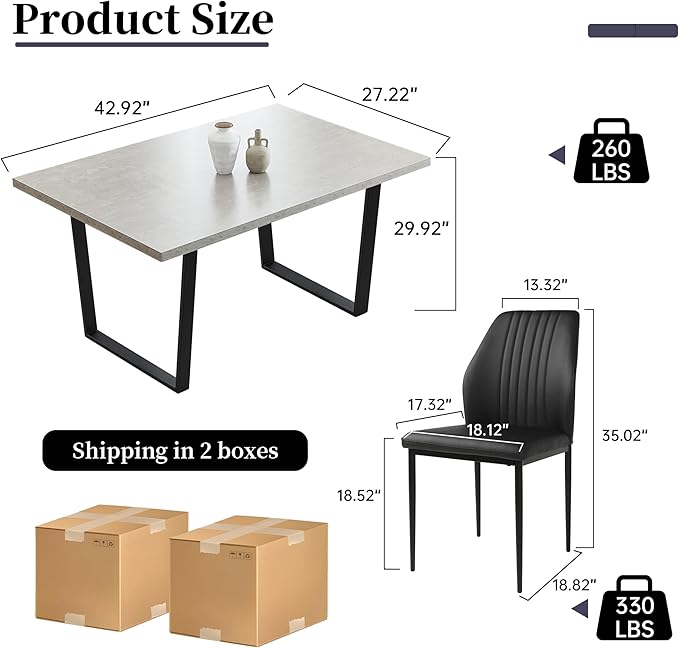 5 Piece Dining Table Set, 42.9 Inch Modern Kitchen Dining Table and Leather Dining Chairs for Kitchen Dining Room (Table + 4 Black Chairs)