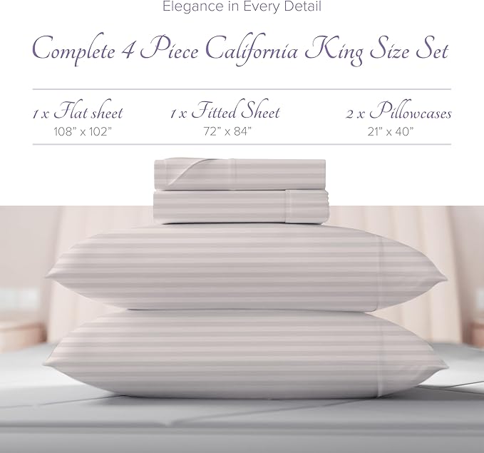 Carressa Linen Luxury Egyptian Cotton California King Stripe Sheet Set, 600 Thread Count Extra Long Staple 4 PC Set, Cal King Stripe Sheets, Soft, Cooling Striped Sheets 16 in Deep Pocket - Ivory
