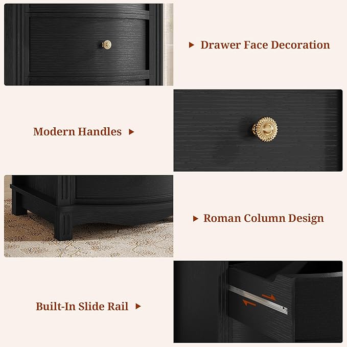 AuraCurve Tall 5-Drawer Chest, Elegant Dresser with Five Arc Fronts, Roman Column Decor, Slim Floor Standing Storage Cabinet, 48.6x23.6x15.7 Inches(Black, 5 Drawer)