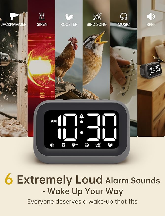 Super Loud Alarm Clock: 115dB Dual Alarms and 6 Alarm Sounds for Heavy Sleepers - Adult Shift Workers in Bedroom or Daily Wake-Up Use - Gray