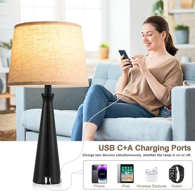 Seealle Modern Table Lamps Set of 2 - Touch Bedside Lamp for Nightstand with Dual USB C+A,3-Way Dimmable Black Nightstand Lamps for Living Room Bedroom End Table with Beige Shade(Bulb Included)