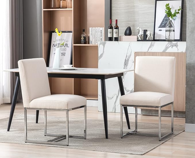 CIMOTA Modern Dining Chairs Set of 2, Upholstered Dining Room Chairs Armless Guest Side Chair with Chrome Base for Dining Room/Kitchen, Beige, 2PCS