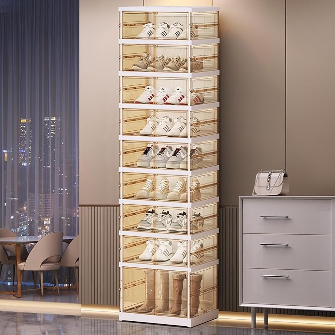 Shoe Rack Organizer for Closet Entryway Foldable Sneaker Storage Shoe, Collapsible Shoe Cabinet, Stackable Shoe Storage Cabinet with Lids for Living Room (9 Tiers -18 Pairs Transparent)