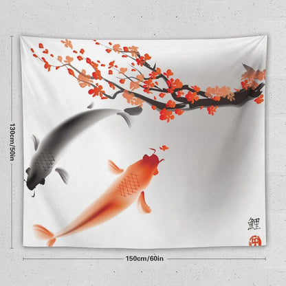 Houselerax Japanese Koi Fish Tapestry, Cherry Blossoms Asian Oriental Flower Branch Koi Fish Carp Tapestries Wall Hanging for Bedroom Living Room Office Decor 60"x50"