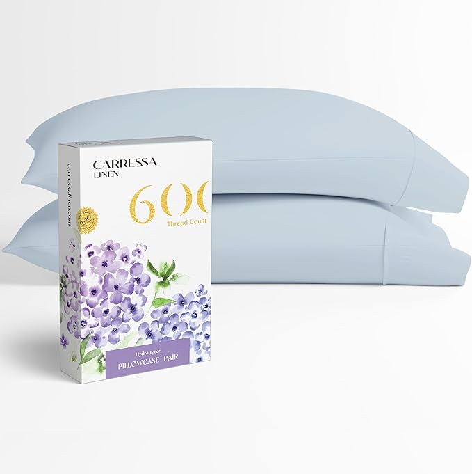 Carressa Linen 100% Egyptian Cotton King Size Pillow Cases Set of 2 - Luxury 600 Thread Count King Pillowcases (Light Blue), Silky Soft, Cooling, Breathable Sateen Weave Hotel Quality Bed Pillow Cover